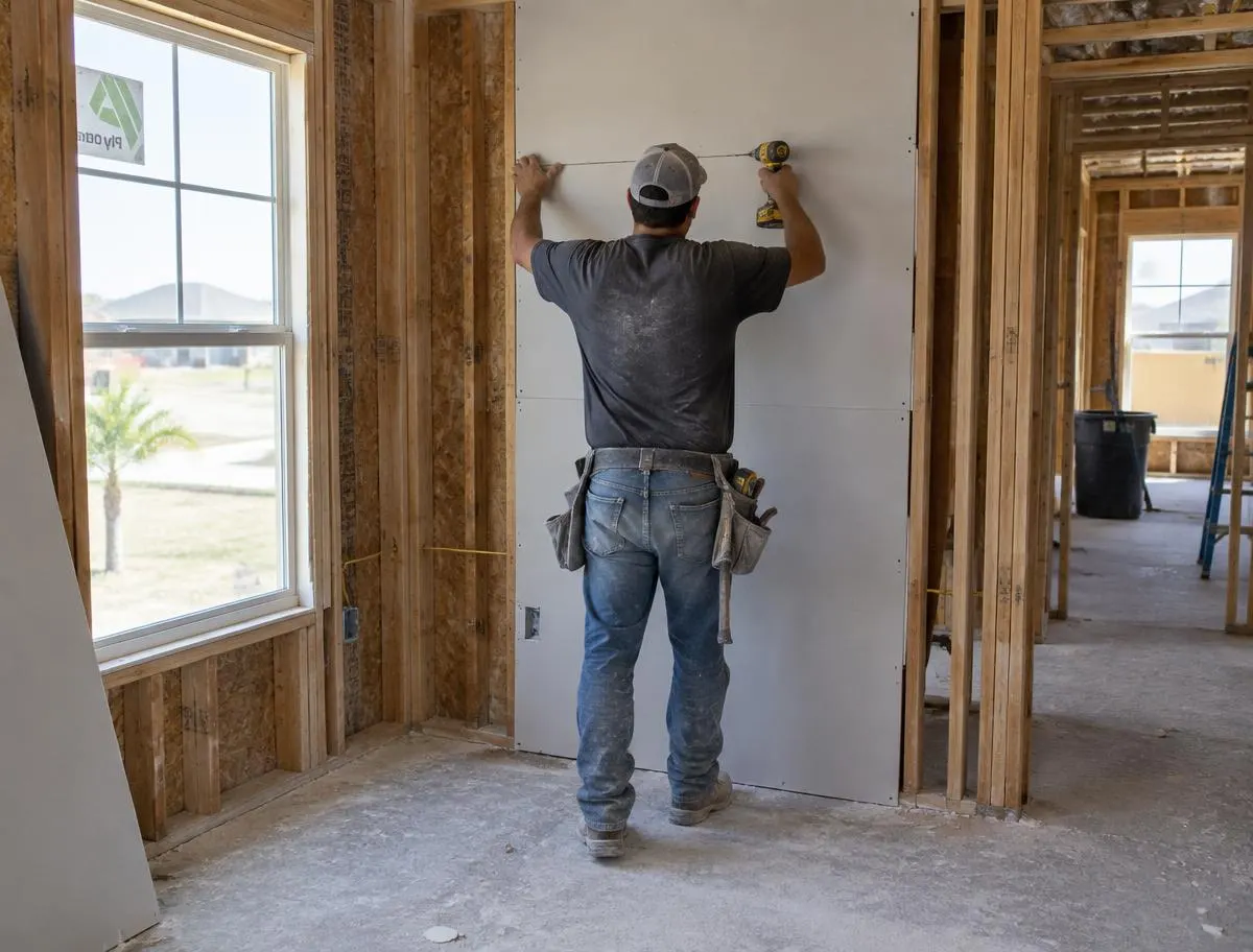 Contractor hanging drywall inside a single-family home under renovation