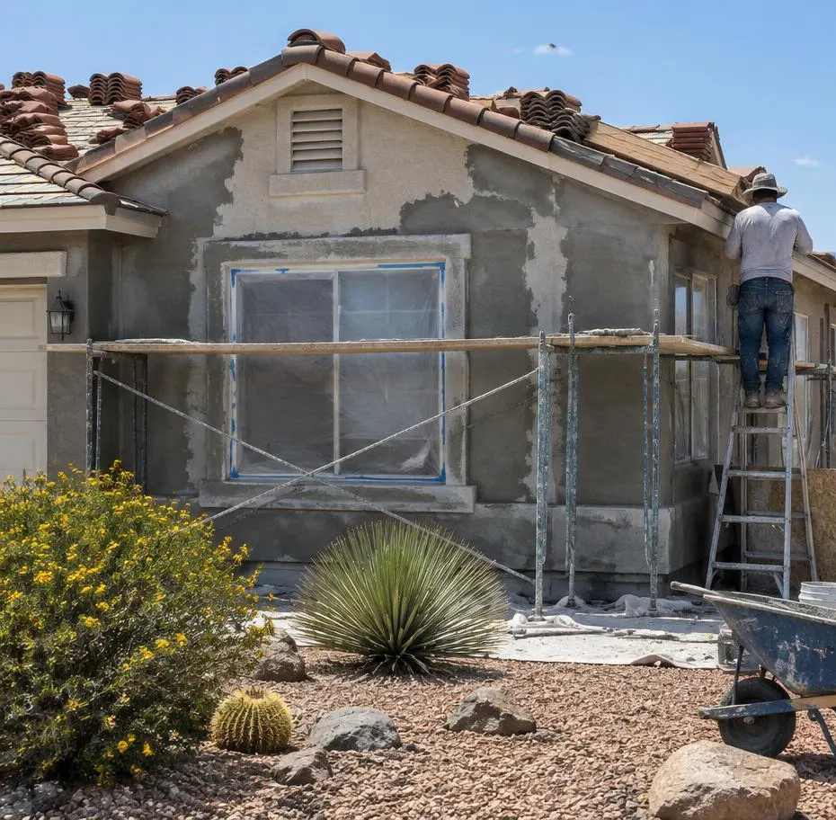 Stucco home mid renovation with scaffolding and a roof being retiled