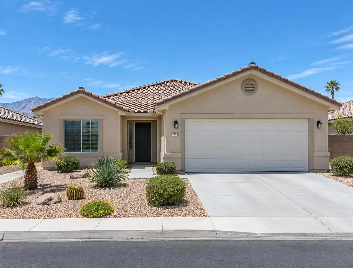 Renovated stucco home with a new garage door and a clean desert yard