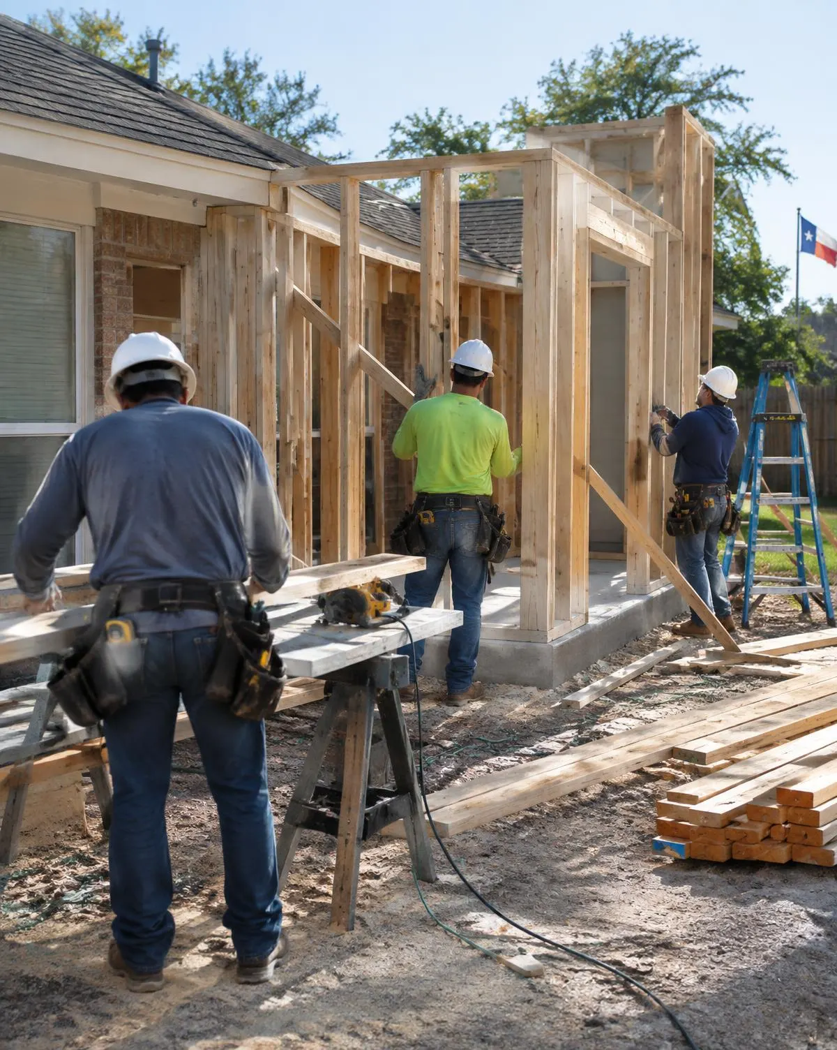 Crew framing a residential addition on a single-family home